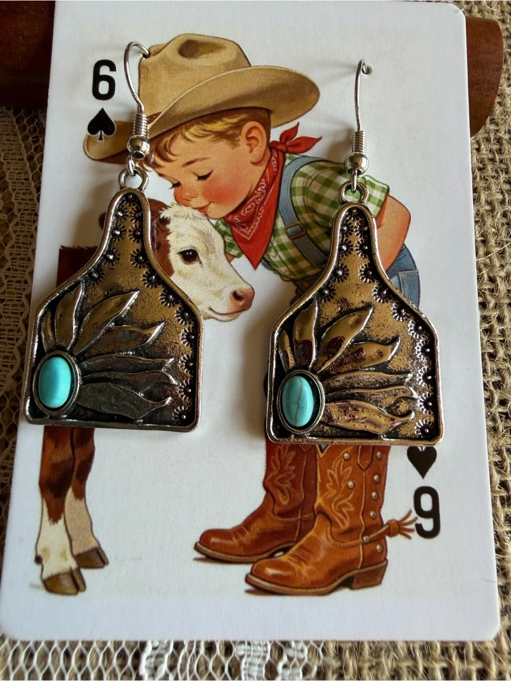 Western Silver Tone Sunflower Turquoise Dangle Earrings NEW
